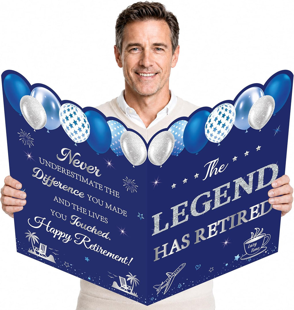 WNINK Blue Silver Retirement Card for Men Women, Jumbo Happy Retirement Guest Book Card with Envelope, Large Farewell Signing Card, The Legend Has Retired Party Decorations Gift