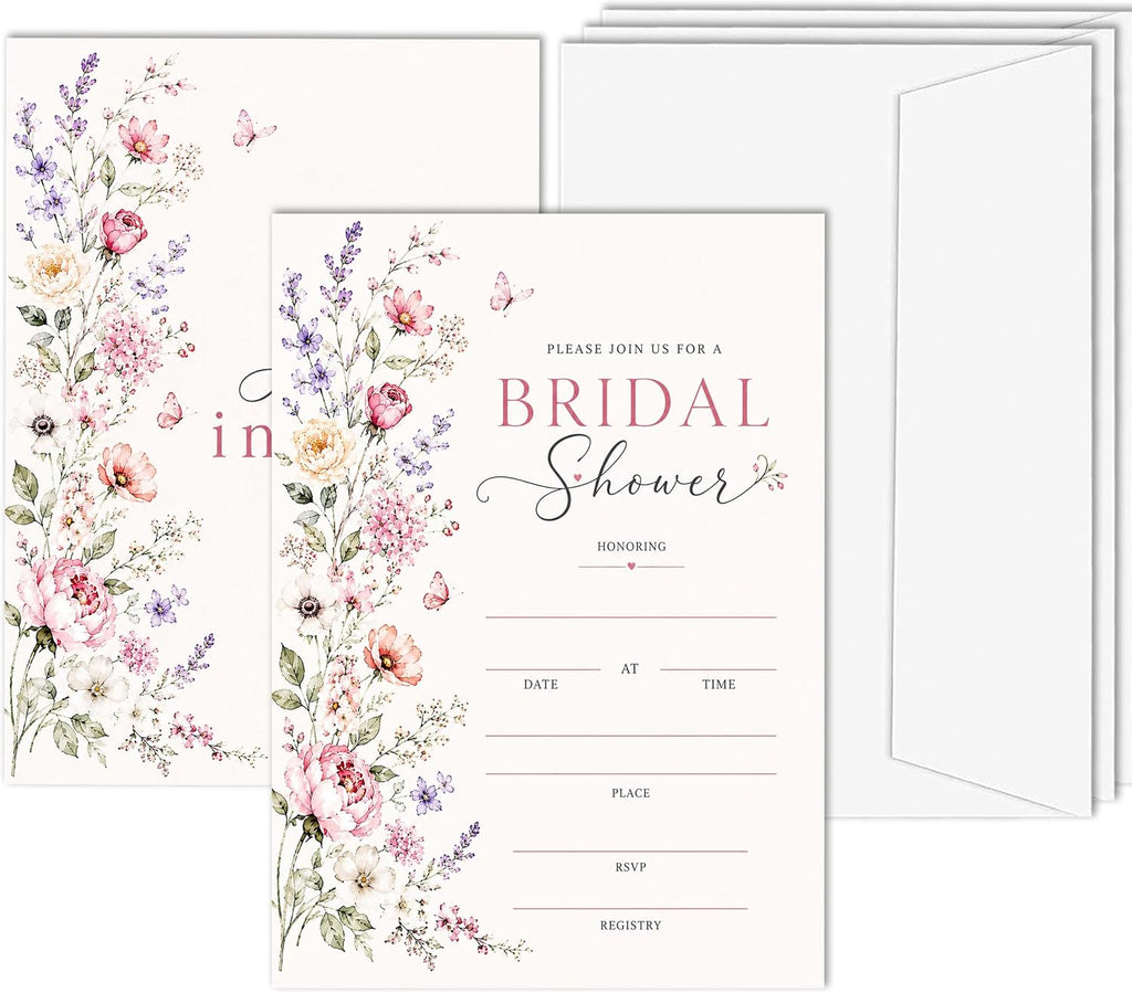 Bridal Shower Invitations, 25 Wildflower Bridal Shower Invites with Envelopes, 5x7 FLoral Wedding Invitation Cards for Bride to Be Engagement Party Supplies - A05