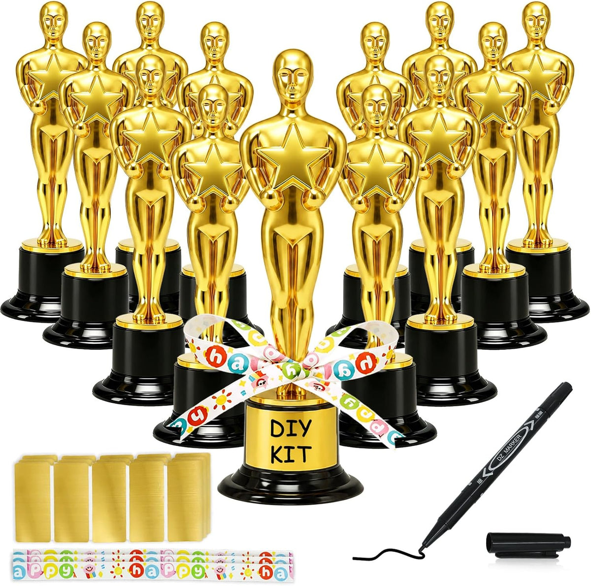30 Pack Mini Award Trophies with Stickers, Marker & Ribbons