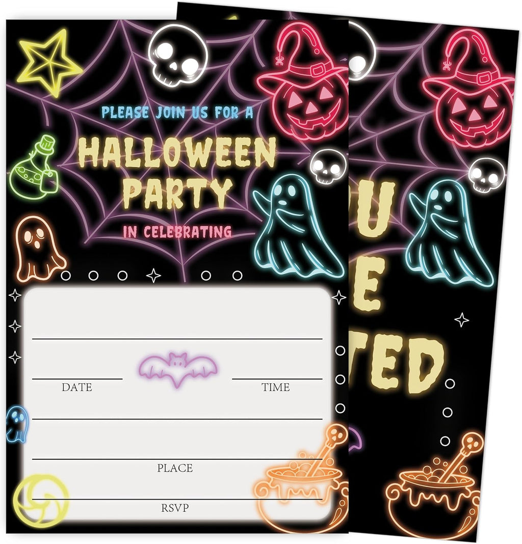 SIXEIGHT Glow Neon Halloween Party Invitations, Cute Ghost Halloween Invitations for Boys Girls, 25 Pack Glow Neon Invite Cards with Envelopes, Wedding Birthday Baby Shower Party Decorations-E08