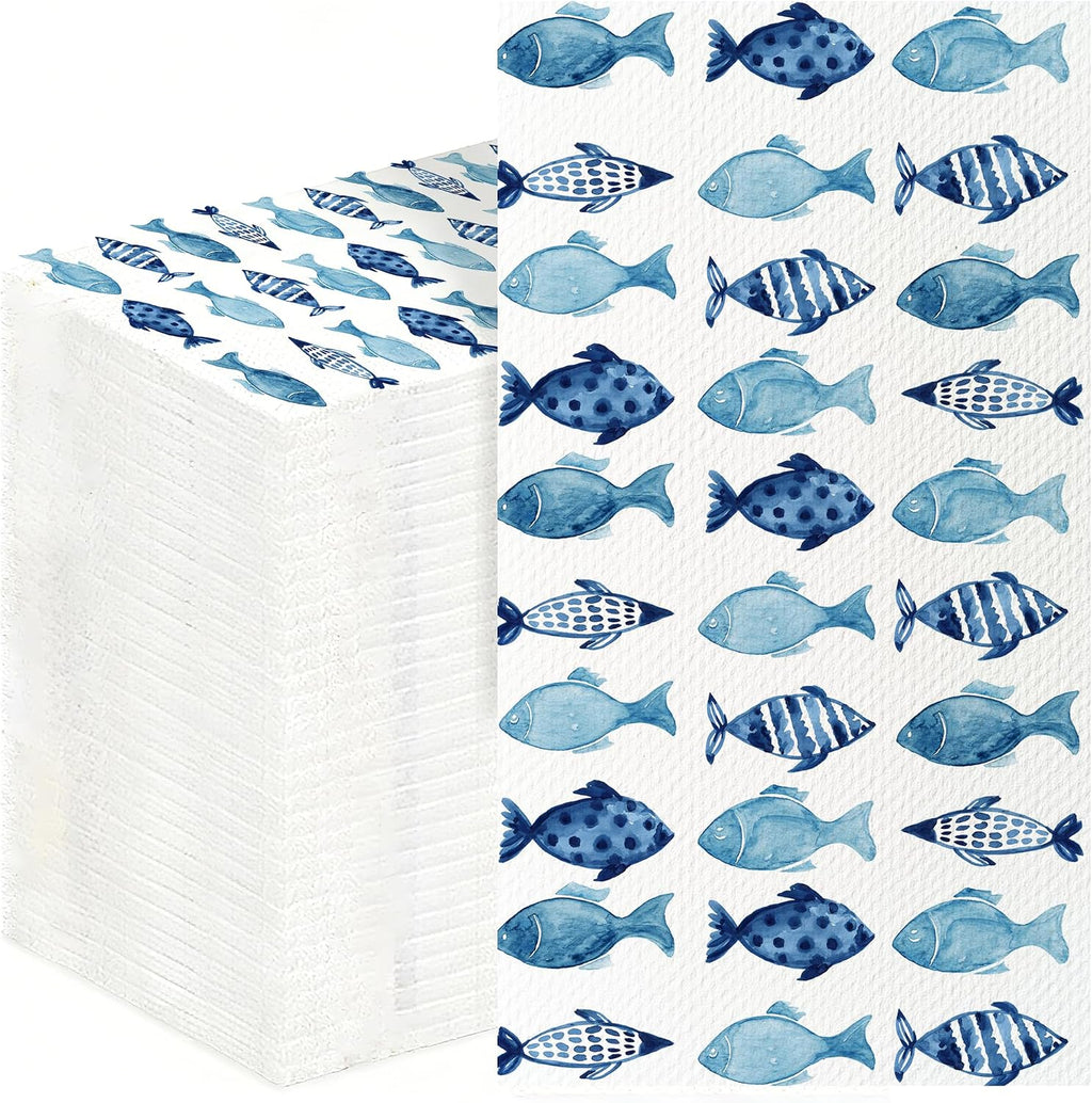 200 Pcs Blue Fish Disposable Paper Napkins Ocean Theme Guest Hand Towels for Bathroom Wedding Summer Beach Party Dinner Birthday Supplies