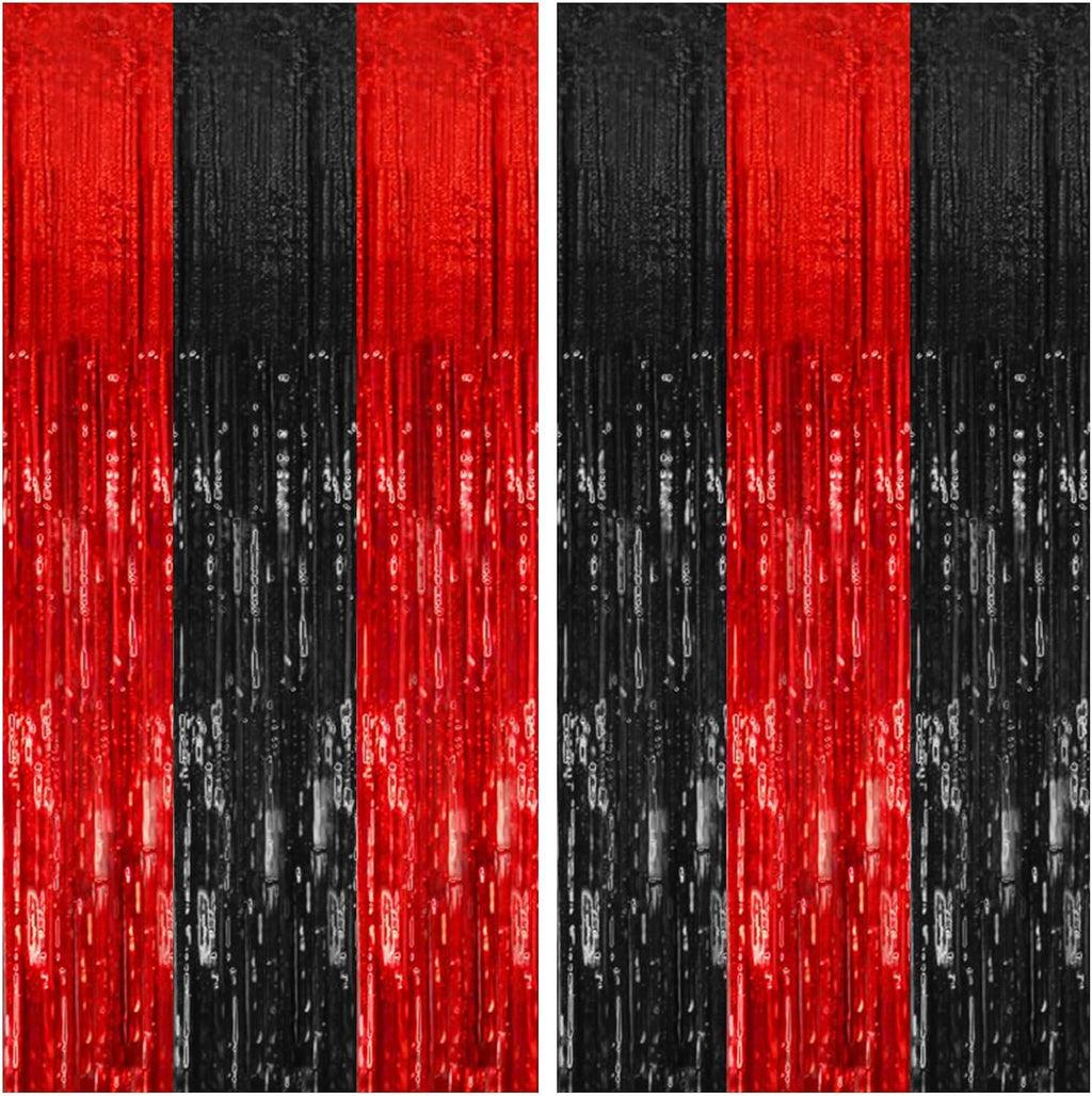 2 Pack Black and Red Party Backdrop Streamers Decorations Foil Fringe Curtains Metallic Tinsel Backdrop for Birthday Halloween Christmas New Year Fancy Ball Graduation Party Decor