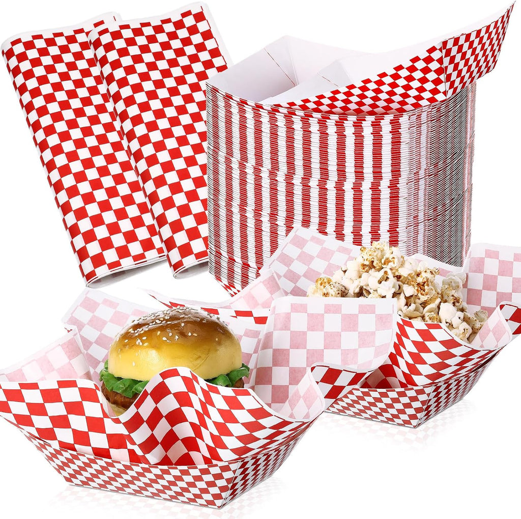 Geosar 200 Pcs Gingham Paper Food Tray with Wax Paper,Red White