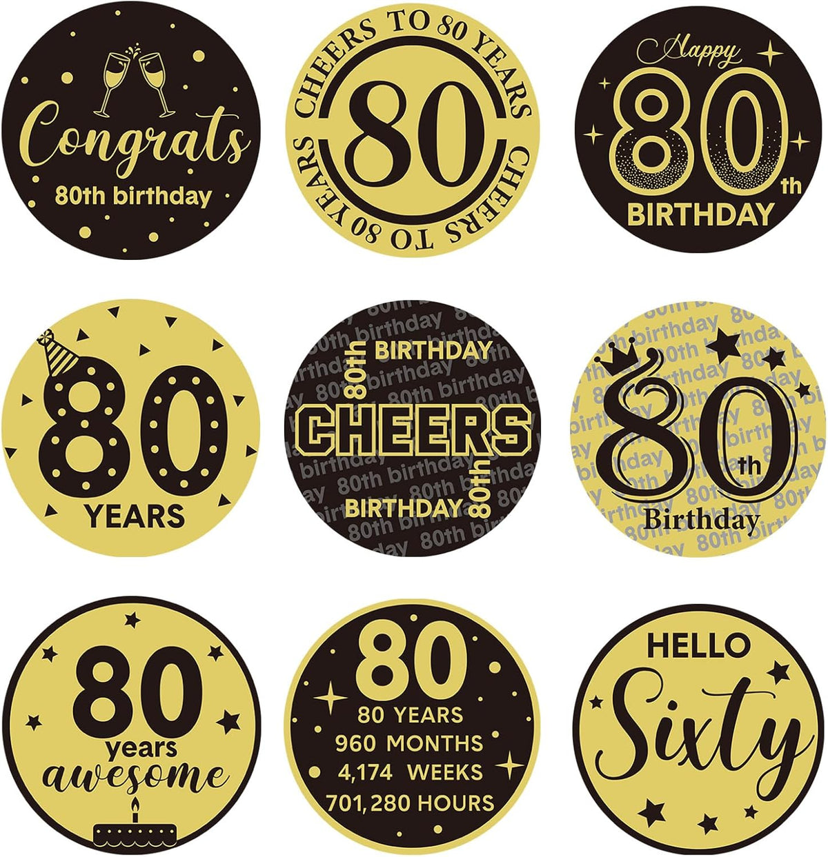 Tenare 504 Pcs 80th Birthday Stickers Black and Gold Party Favor Label Stickers Mini Chocolate Candy Wrappers for Anniversary Birthday Party Decoration