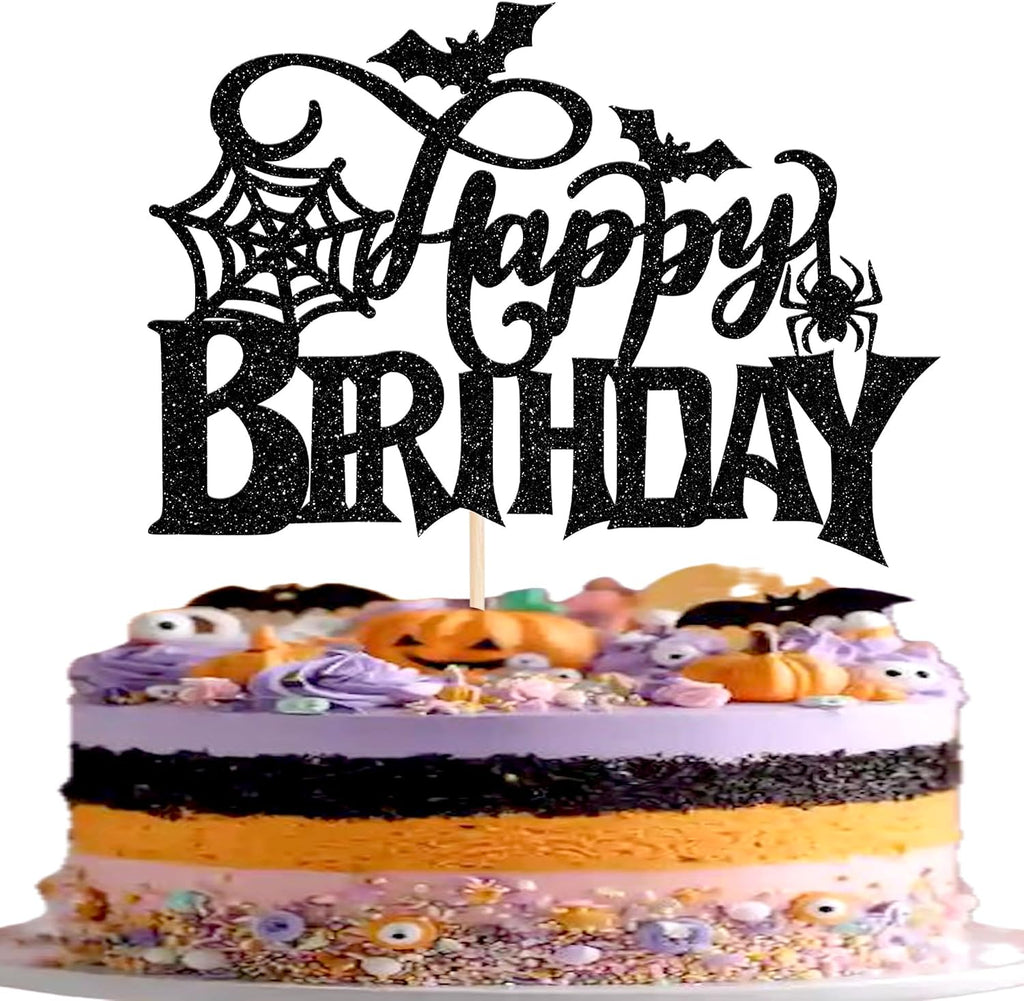 1 PCS Halloween Happy Birthday Cake Topper Black Glitter Spider Web Bat Cake Pick Halloween Party Decorations for Baby Shower Kids Birthday Party Cake Decorations Supplies