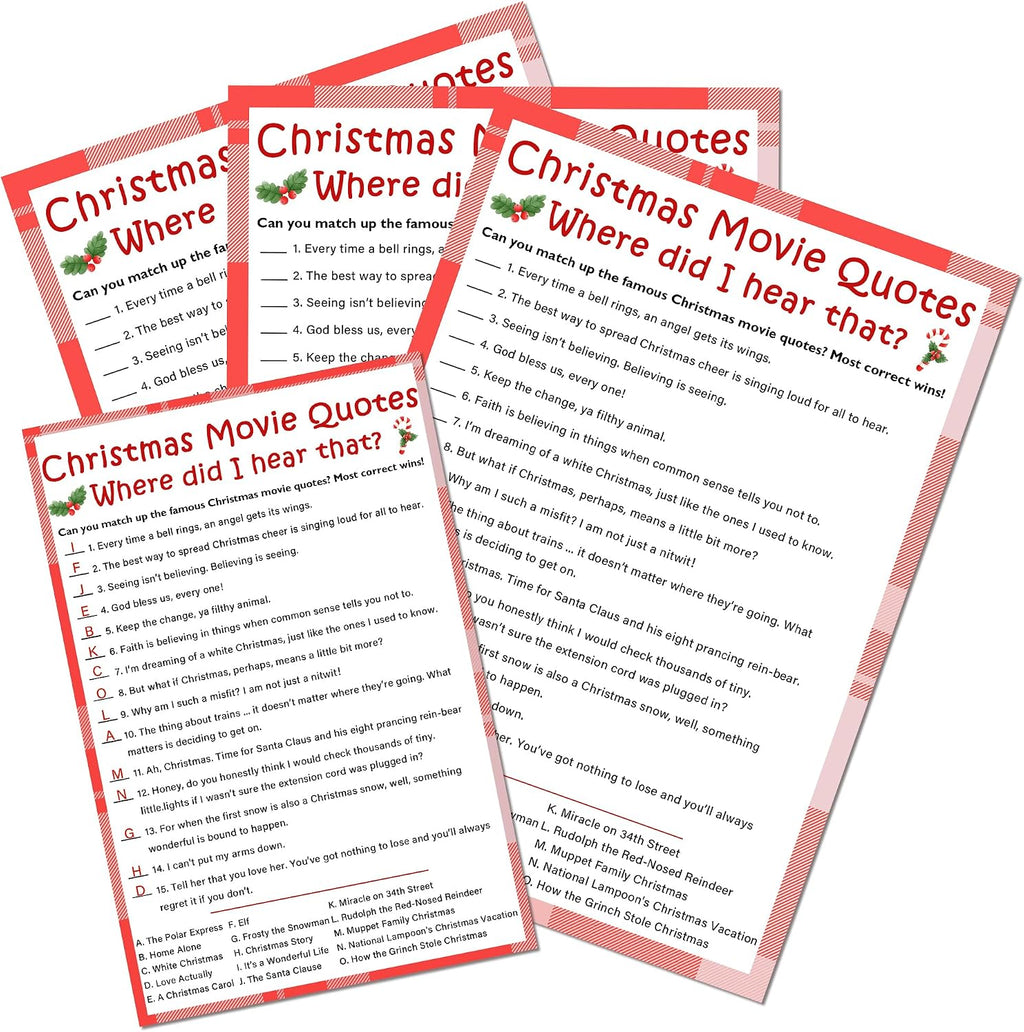 Christmas Movie Quotes Game Card - 20 Game Cards With 1 Answer Card -Film Theme Xmas Party Funny Activity for Family, Adults & Teens - Holiday Christmas Party Supplies & Decoration(Red Plaid)-A01