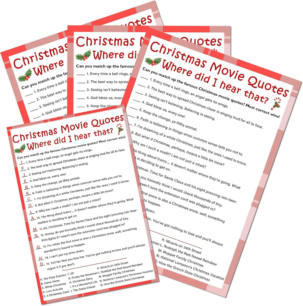 Christmas Movie Quotes Game Card - 20 Game Cards With 1 Answer Card -Film Theme Xmas Party Funny Activity for Family, Adults & Teens - Holiday Christmas Party Supplies & Decoration(Red Plaid)-A01
