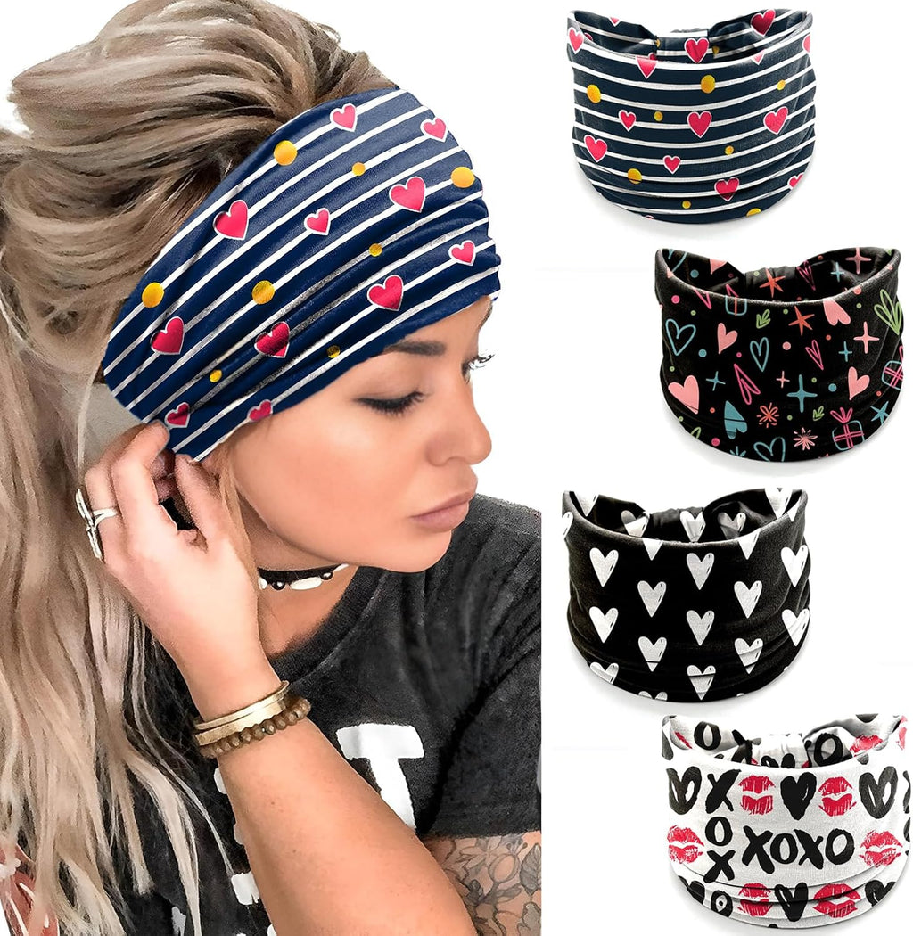 4 Pcs Valentine's Day Headbands for Women, Black White Wide Turban Dress Up Costume Breathable Stretchy Non Slip Head Wrap, Love Heart Pattern Holiday Fall Winter Hair Band for Yoga Running Party