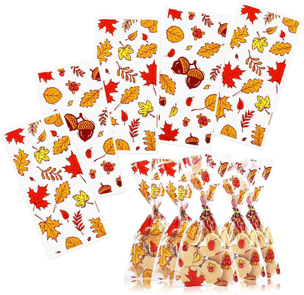 Kesote 100 Pieces Fall Thanksgiving Cellophane Treat Bags, Clear Pumpkin Maple Leaf Goodie Candy Treat Bags Bulk with Twist Ties for Thanksgiving Autumn Fall Party Favor Supplies