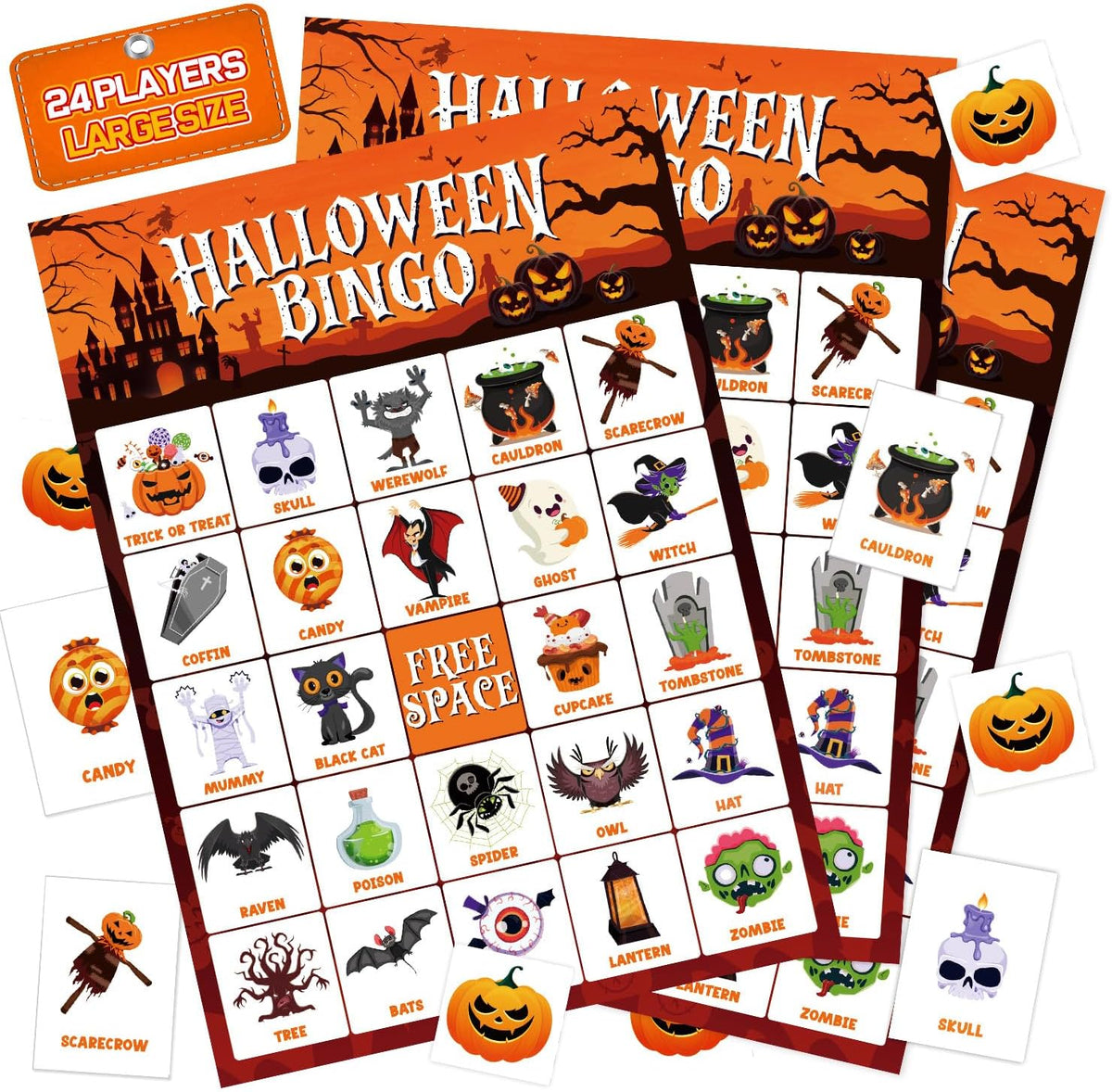 Halloween Bingo Game Cards for 24 Players - 5" x 7", Orange