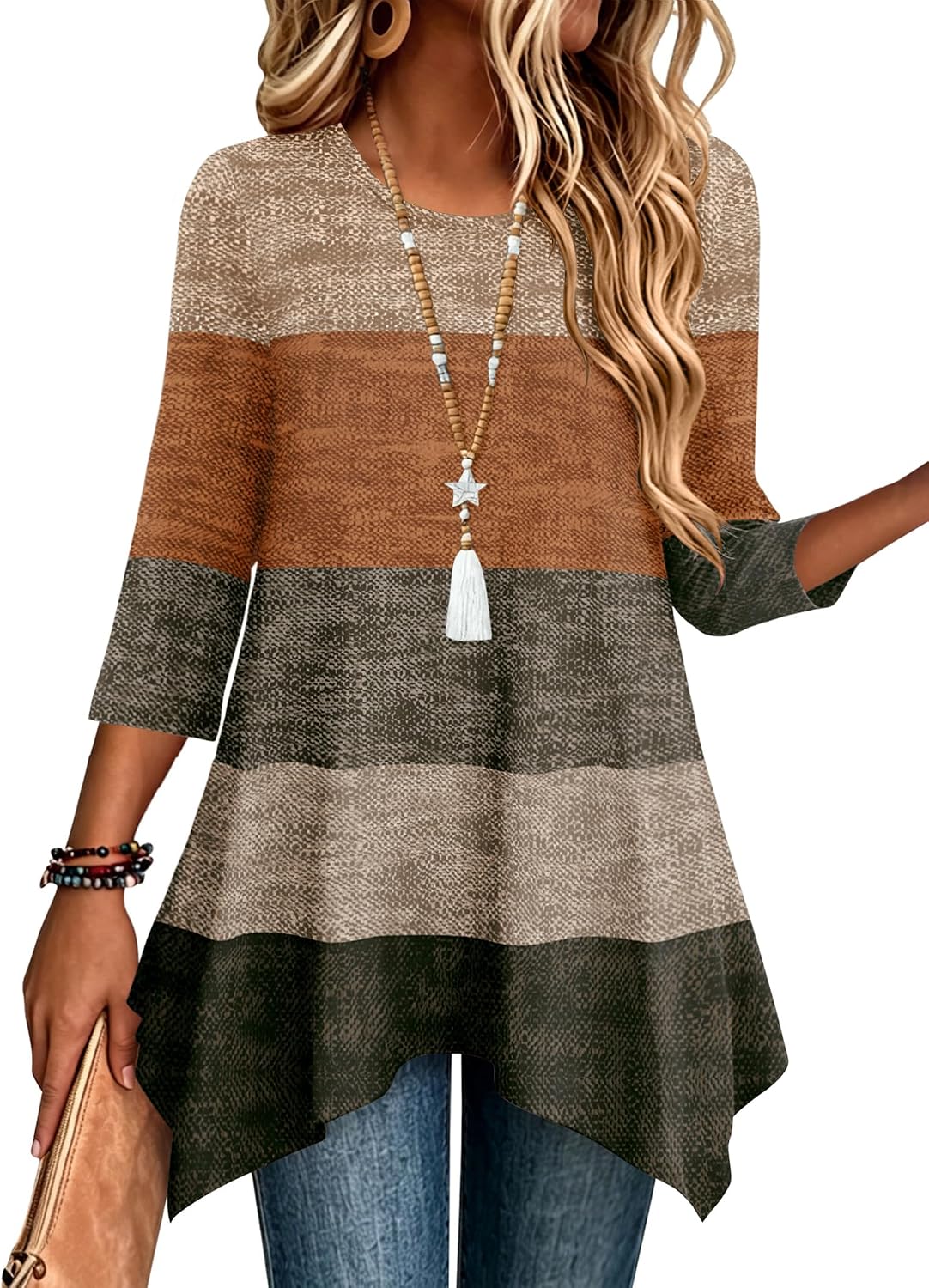 Zeagoo Womens Tops 3/4 Sleeve Loose Fit Dressy Tunics Plus Size Boho Shirts