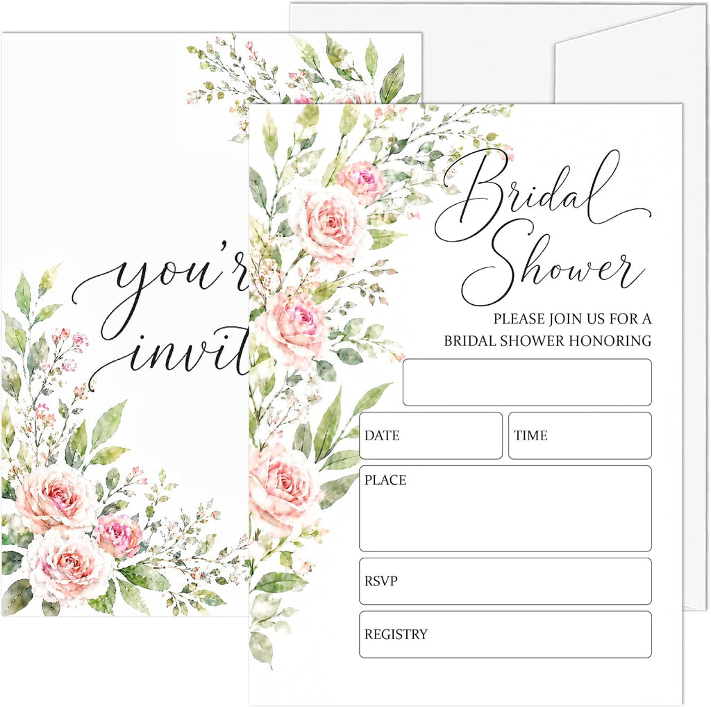 Bridal Shower Invitations, 25 Floral Wedding Shower Invites with Envelopes, 5x7 Blush Pink Rose Bride to Be Engagement Party Supplies - A05