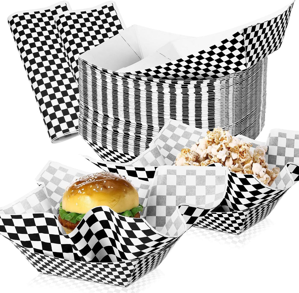 Geosar 200 PcsGingham Paper Food Tray with Wax Paper,Black White