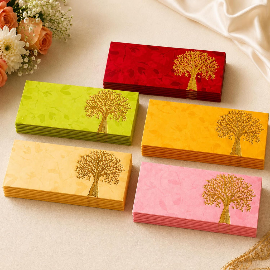 LoveNspire Money Envelopes (7.5 x 3.5 Inch) Decorative Tree of Life Pattern Shagun Lifafa for Indian Wedding, Birthday | Cash Gift Holder & Home Savings Organizer Pack of 100