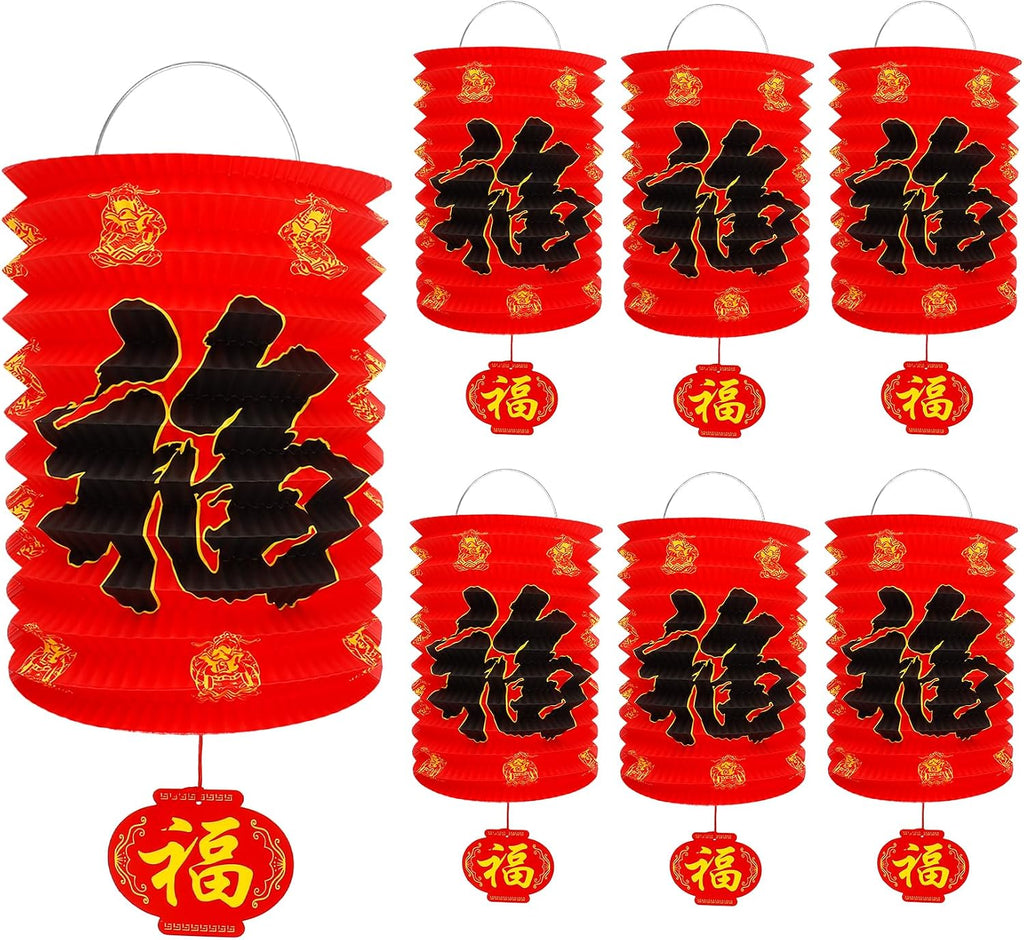 Chinese New Year Lanterns Decoration 2026, 6 Pcs Lunar New Year Red Fu Paper Lanterns, 6.2 x 11 Inches Lucky Fu Character Lantern Lunar Spring Festival Ceiling Hanging Decor for Home Restaurant Store