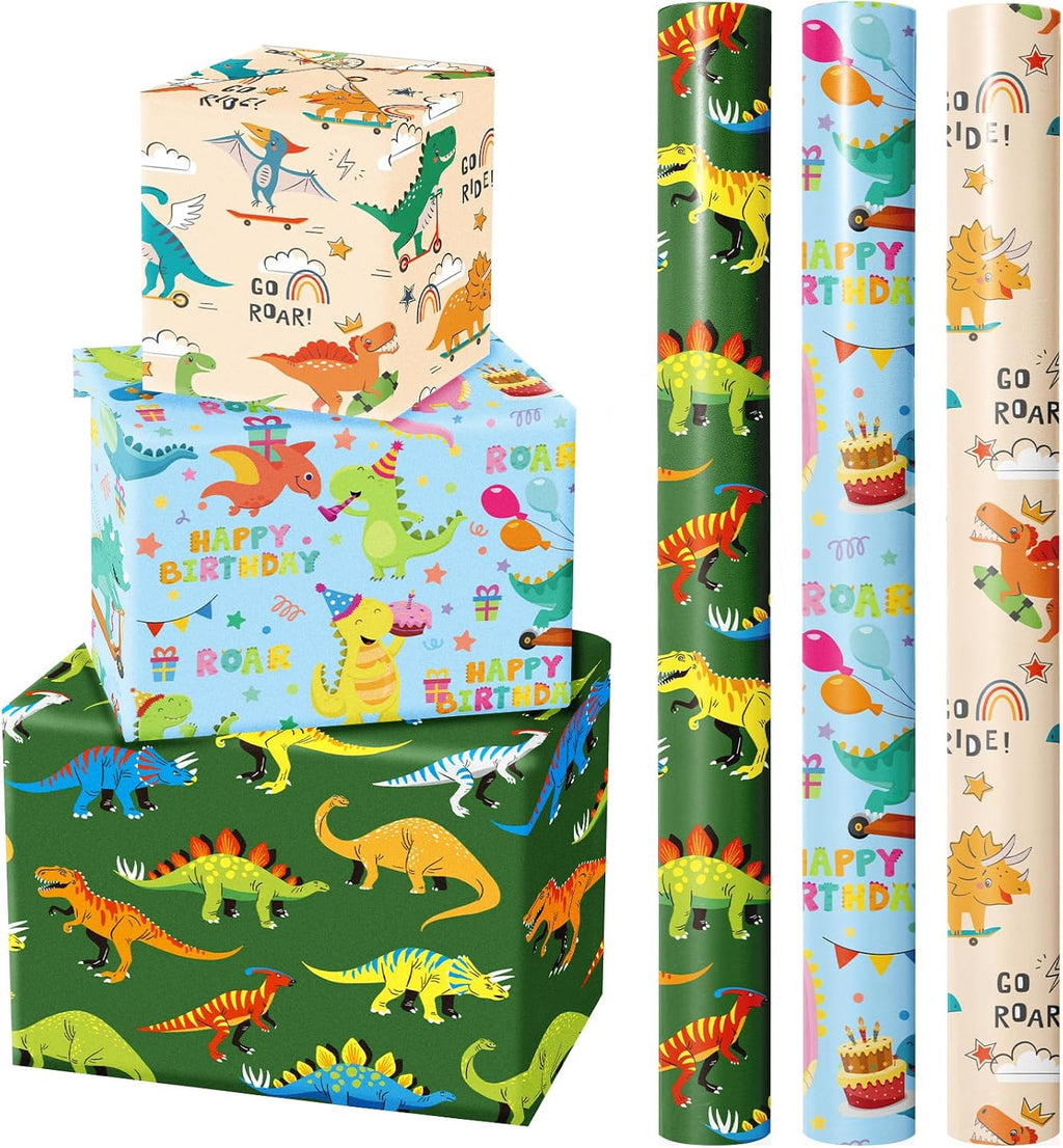 WRAPAHOLIC Dinosaur Wrapping Paper Roll - 3 Short Roll - Dinosaur Happy Birthday Wrapping Paper for Kids Boys Birthday, Dinosaur Party Favor - 17 Inch x 120 Inch Per roll