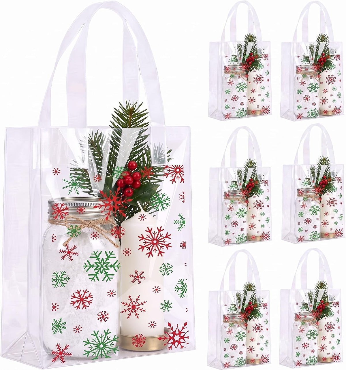 Pajean 25 Pcs Christmas Plastic Gift Bags with Handles, Snowflake Pouches