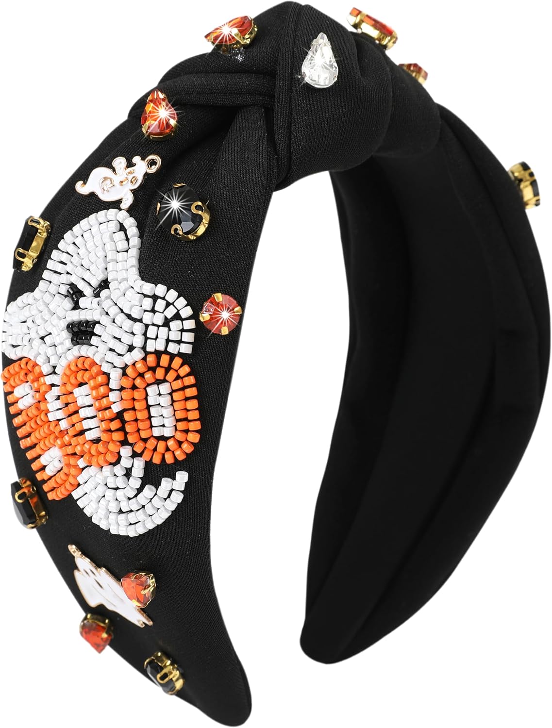 Halloween Boo Headband for Women Crystal Pearl Knotted Hairband Beaded Black Orange Wide Knot Headband for Girls Adult Halloween Spooky Ghost Accessories Outfits Gifts