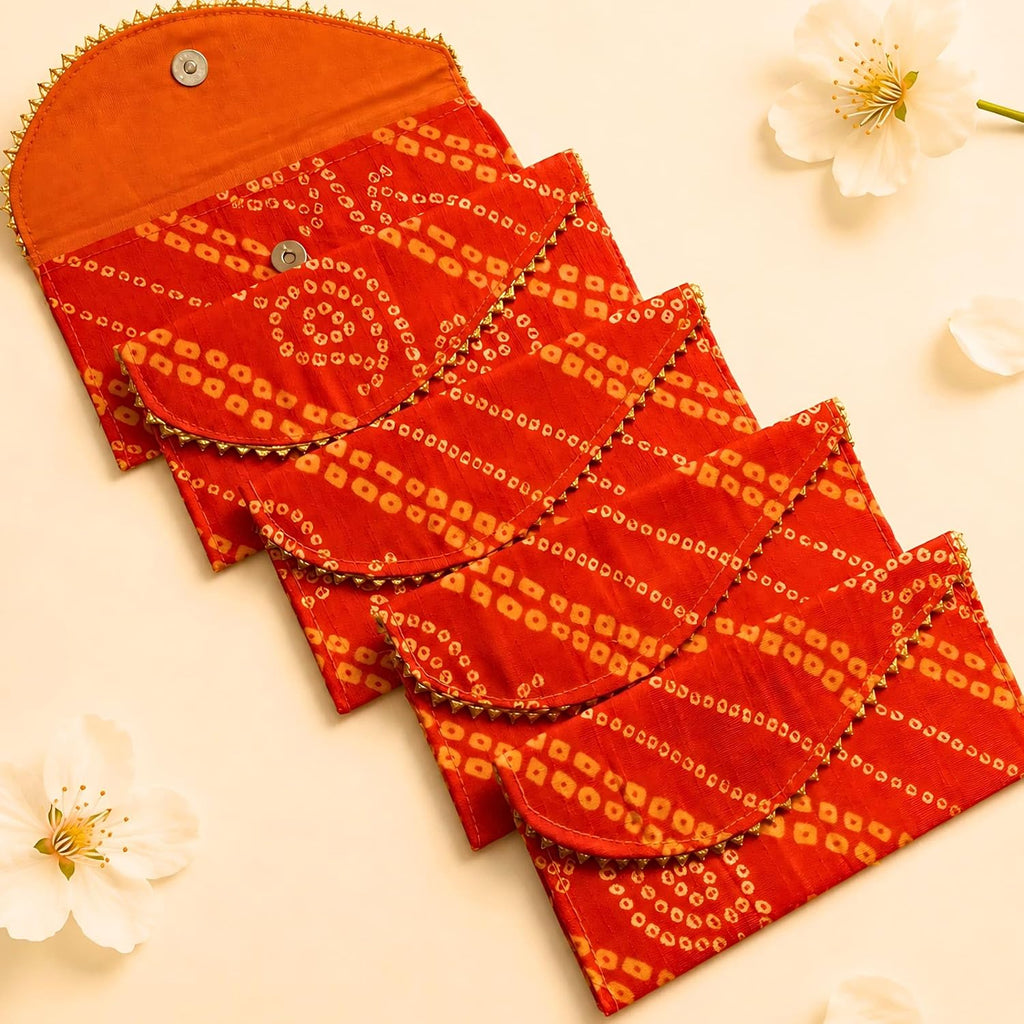 LoveNspire Brocade Fabric Money Envelopes (7.5 x 3.5 Inch) Decorative Bandhani Pattern Shagun Lifafa for Indian Wedding, Birthday | Cash Gift Holder & Home Savings Organizer Orange/Pack of 10