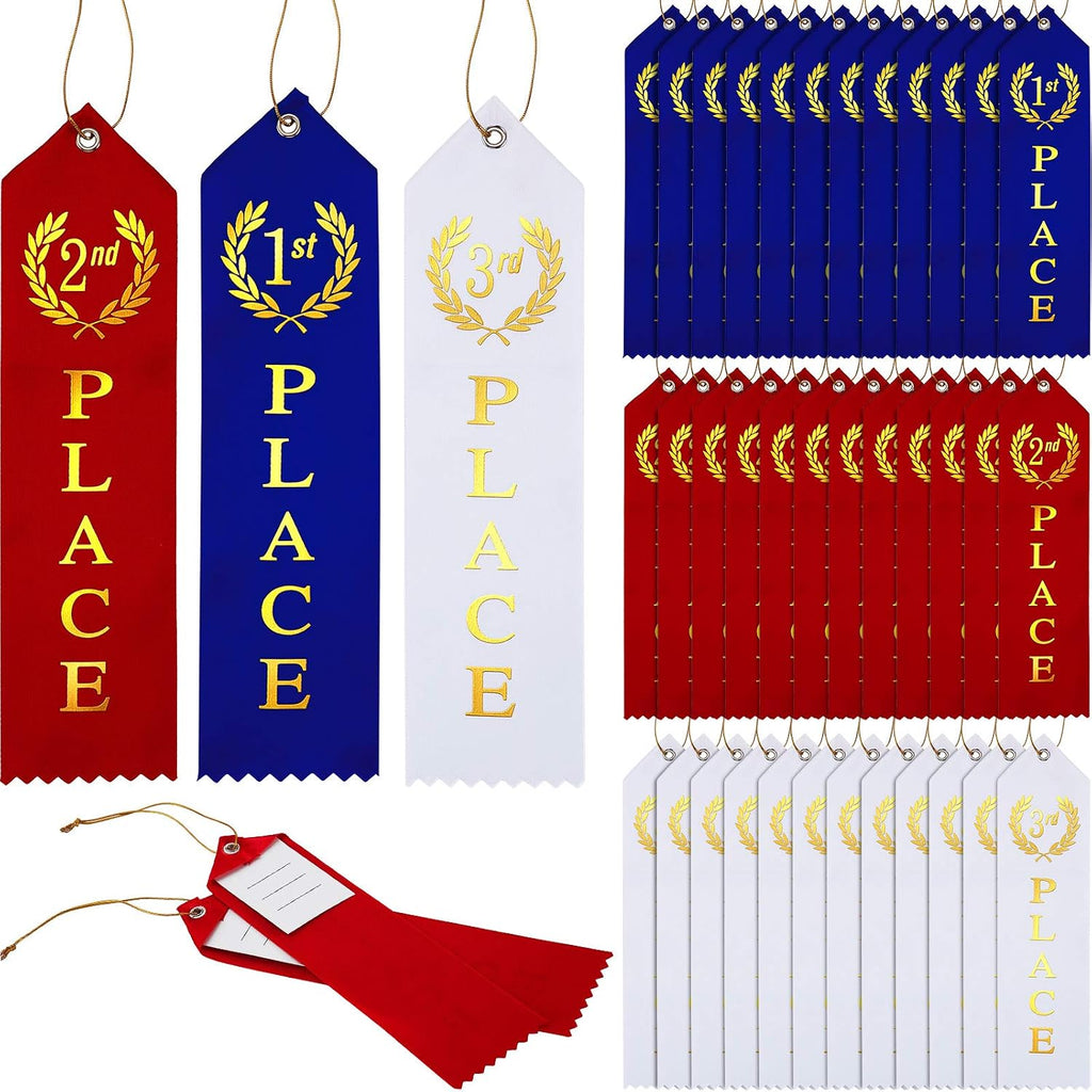 90 Pieces Award Ribbons 1st, 2nd, 3rd Place Flat Carded Set First Place Prizes with Event Card and Rope for Competition, Sports Event, School, Contests, Blue Red White