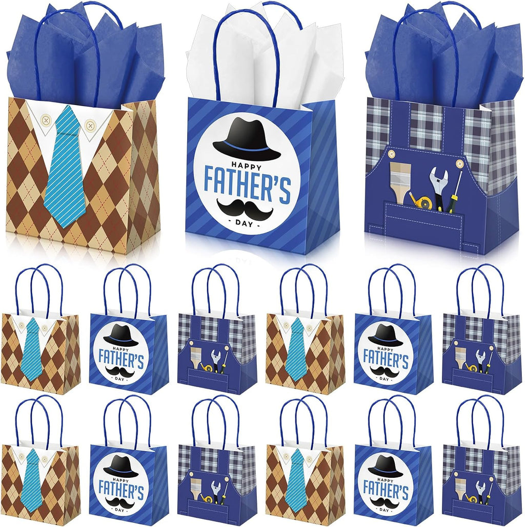 Silkfly 24 Pack Mini Father's Day Bags Bulk with Tissue Paper 5x5x3 Small Best Dad Gifts Bags with Handles Happy Father's Day Party Favors for Dad Grandpa Birthday Decoration Retail Wrapping