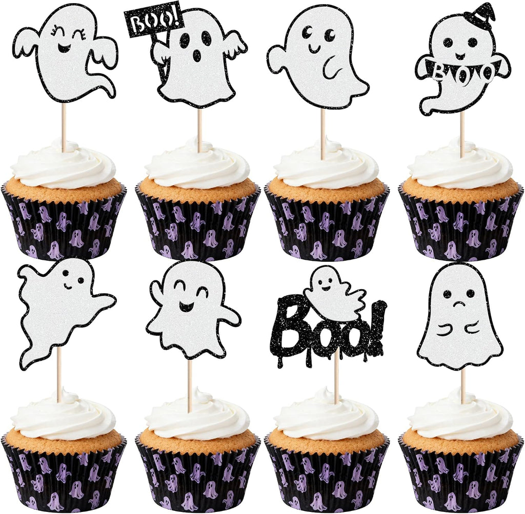 24 PCS Ghost Boo Cupcake Toppers Glitter Little Boo Ghost Cupcake Picks Halloween Party Decorations for Halloween Theme Spooky Baby Shower Kids Birthday Party Cake Decorations Supplies Black