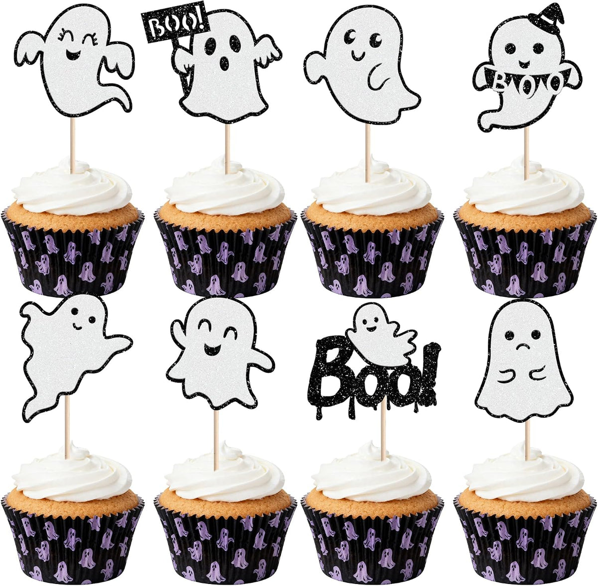 24 PCS Ghost Boo Cupcake Toppers Glitter Little Boo Ghost Cupcake Picks Halloween Party Decorations for Halloween Theme Spooky Baby Shower Kids Birthday Party Cake Decorations Supplies Black