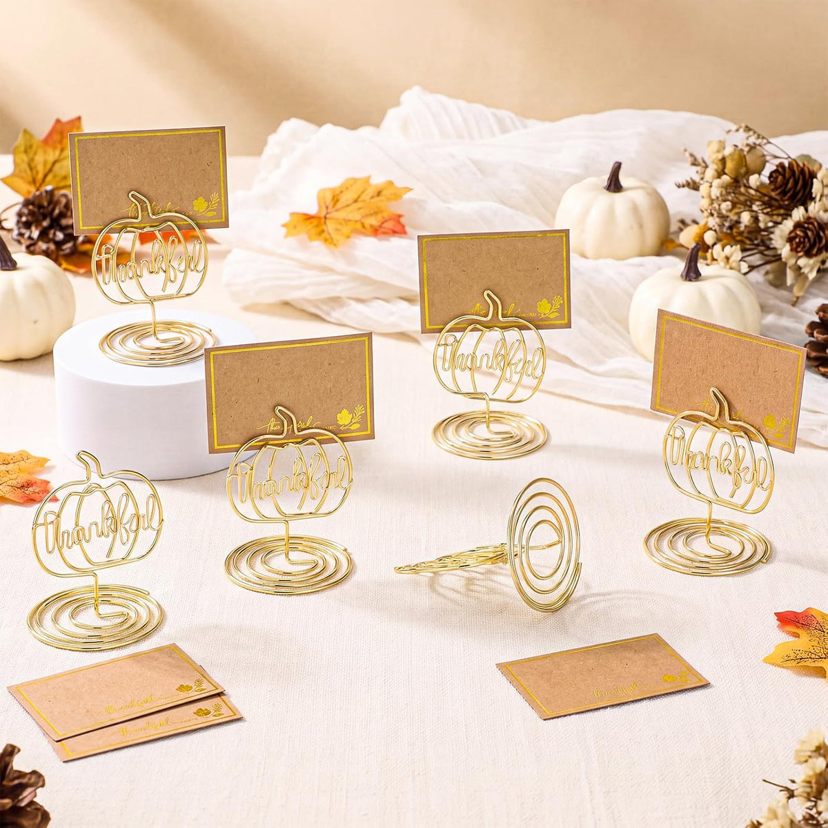 FillTouch 6 Set Thanksgiving Place Card Holders Pumpkin Photo Card Holders Decoration Fall Pumpkin Centerpiece for Table Decor Autumn Wedding Farmhouse Thanksgiving Harvest Party Supplies (Thankful)