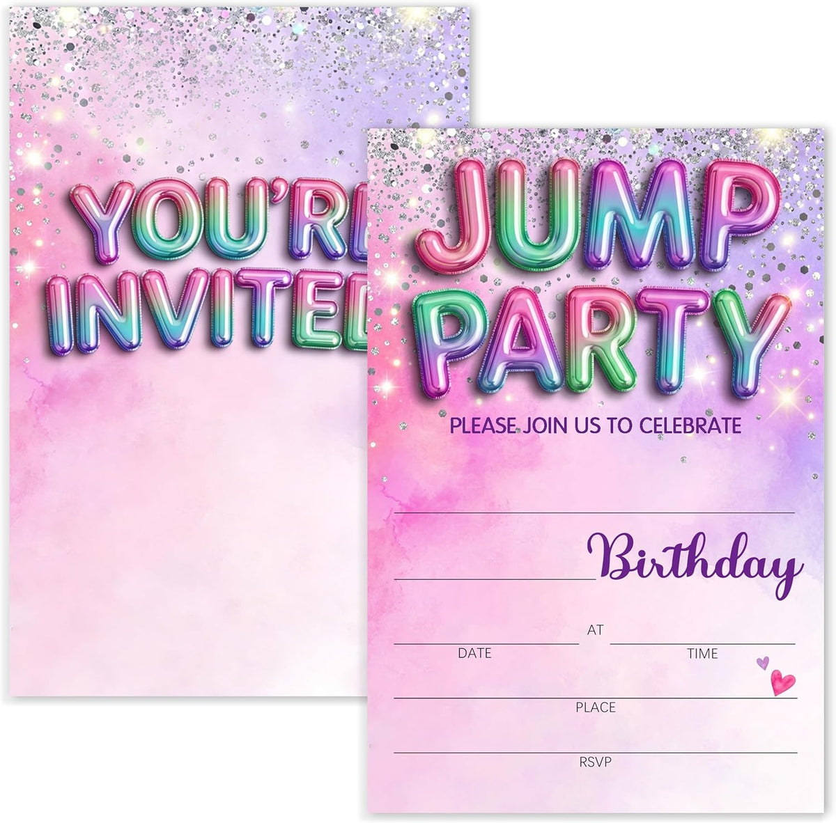 Jump Birthday Invitation Girl, Silver Glitter Rainbow Double-Sided Fill In Style Invites with Envelopes for Birthday, Trampoline Jump Party Invitation For Girls, Teens, Bday Party Favor & Decoration