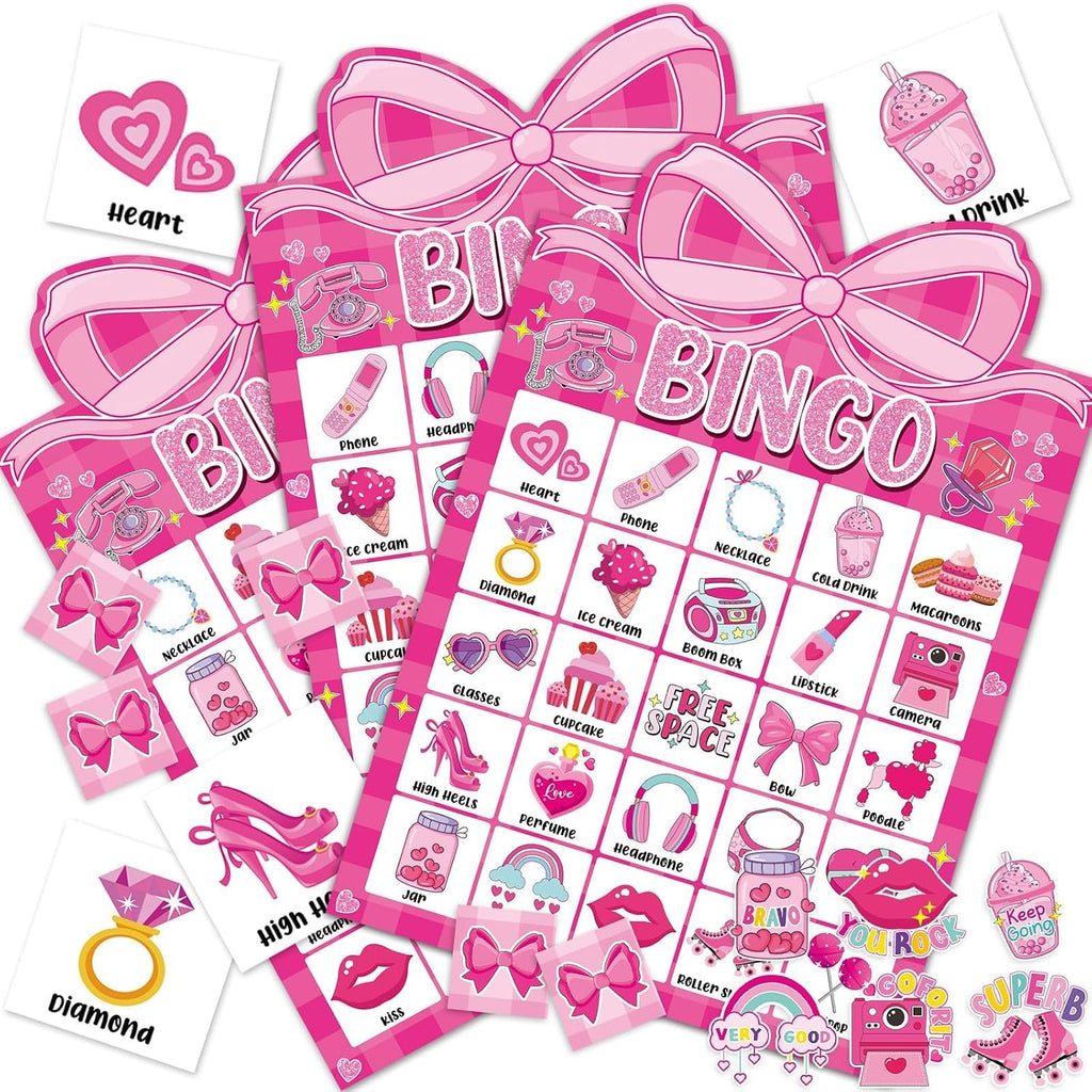 39 Pcs Pink Bow Party Bingo Game for Adults Kids 24 Players Pink Girls Party Bingo Game Cards with Reward Stickers for Family Friends Large Group Gathering Bachelorette Princess Doll Party Favors