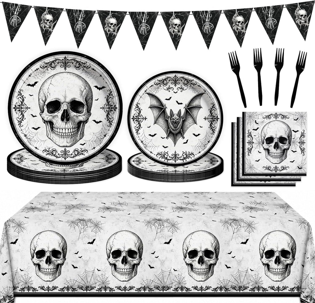 98Pcs Halloween Party Decorations-Black Skull Tableware Kit for 24