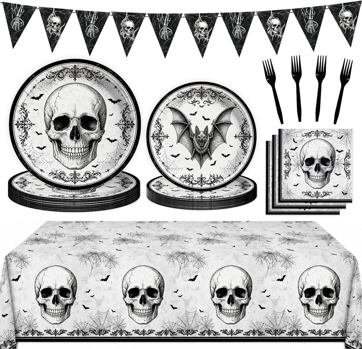 98Pcs Halloween Party Decorations-Black Skull Tableware Kit for 24