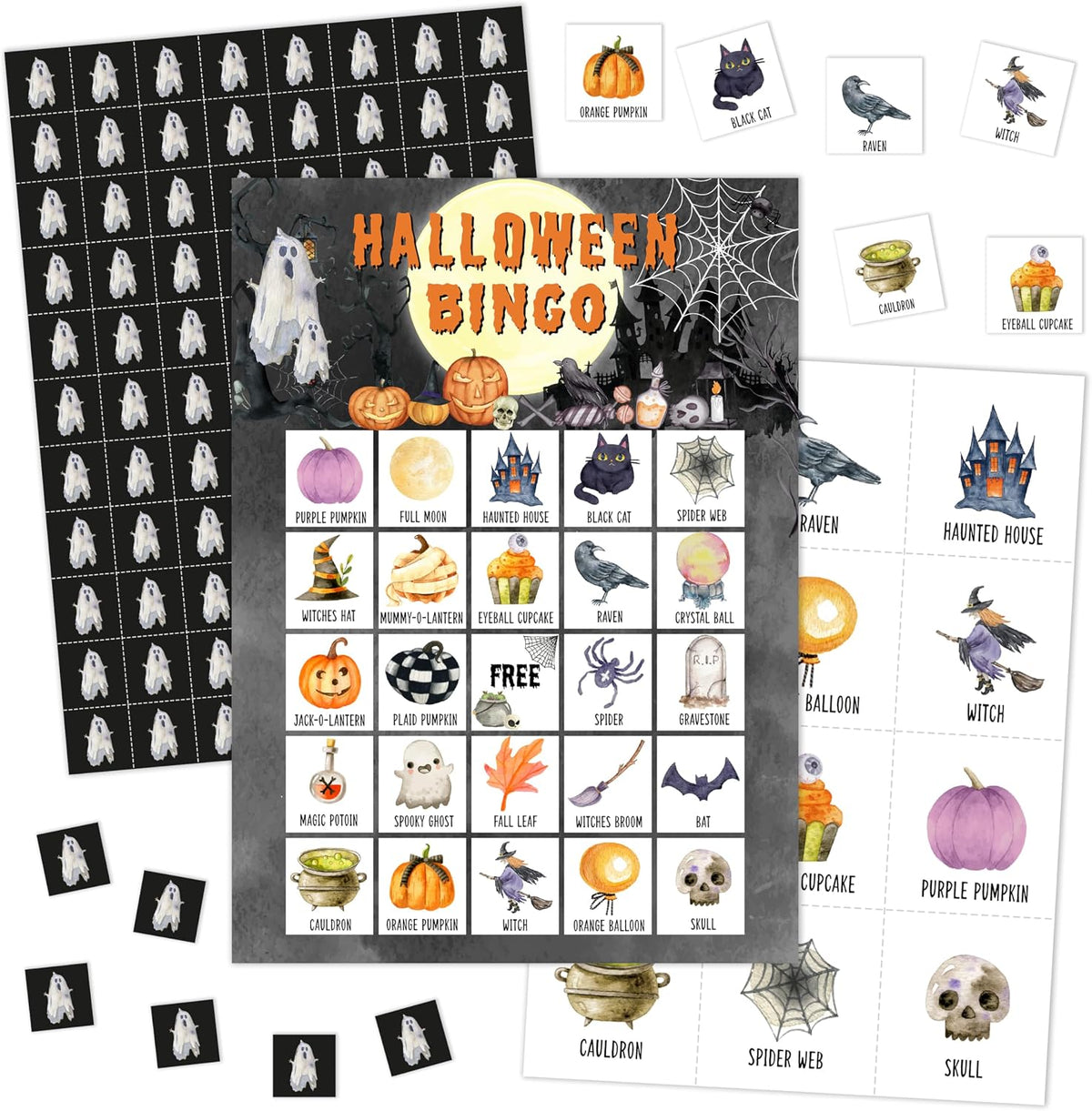 Halloween Bingo Games Cards for Adults, Cute Ghost Bingo Cards for Party, Halloween Party Decorations Favors Supplies, Spooky Pumpkin Games for Family Friends, Holiday Game for 24 Players -14