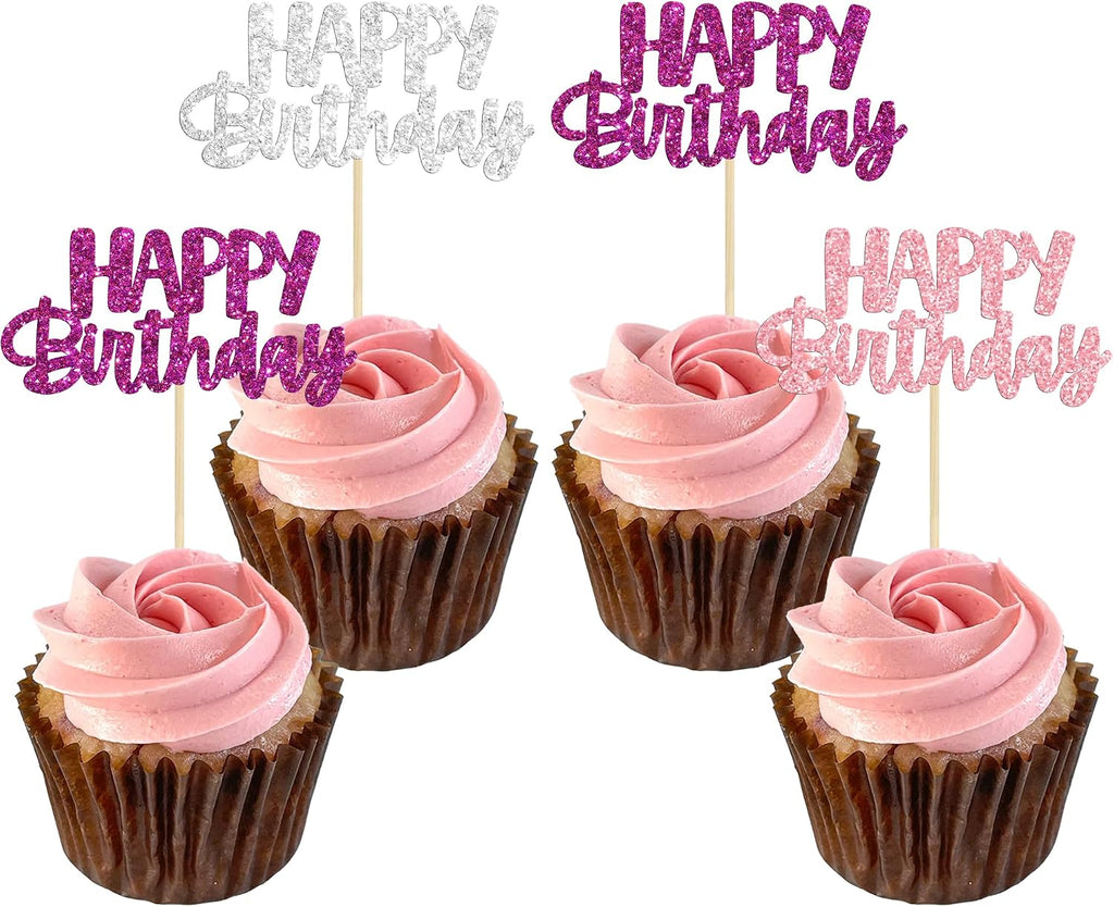 Gyufise 24Pcs Happy Birthday Cupcake Toppers Glitter Birthday Cupcake Food Picks for Celebrating Happy Hallowenn Theme Party Cake Decorations Supplies Purple White Silver