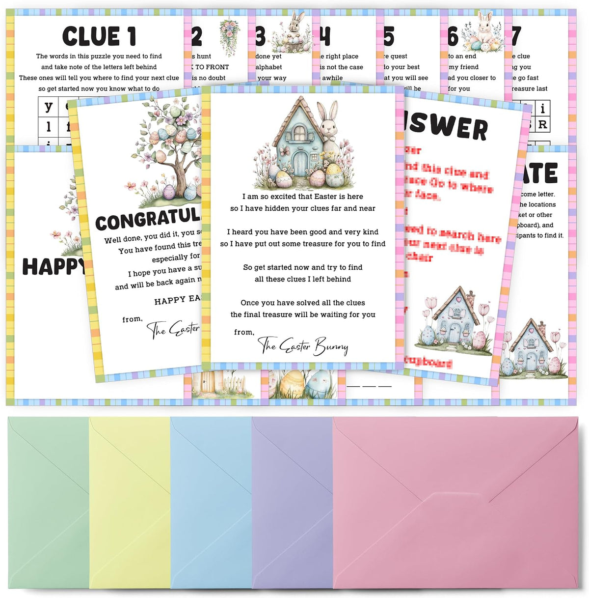 Easter Scavenger Hunt Games, Easter Treasure Hunt Clues Game Cards, Family Party Games for Kids and Adults, Holiday Party Game for Activities Decorations Supplies, 5x7 Inch (Indoor)-A02