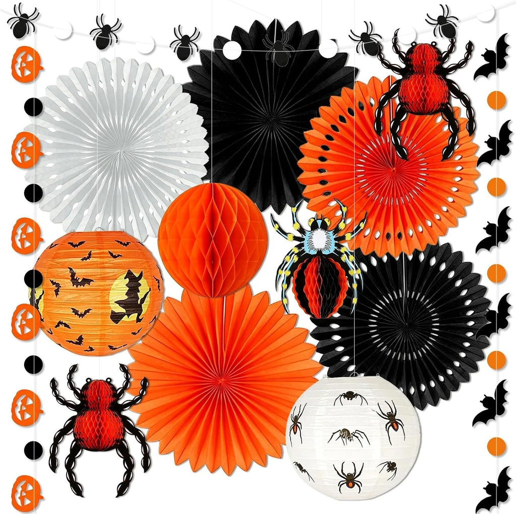 Halloween Party Decorations, Hanging Spider Bat Paper Lanterns Honeycomb Decorations for Home Haunted House Classroom Birthday Party Supplies Props (Orange & Black)