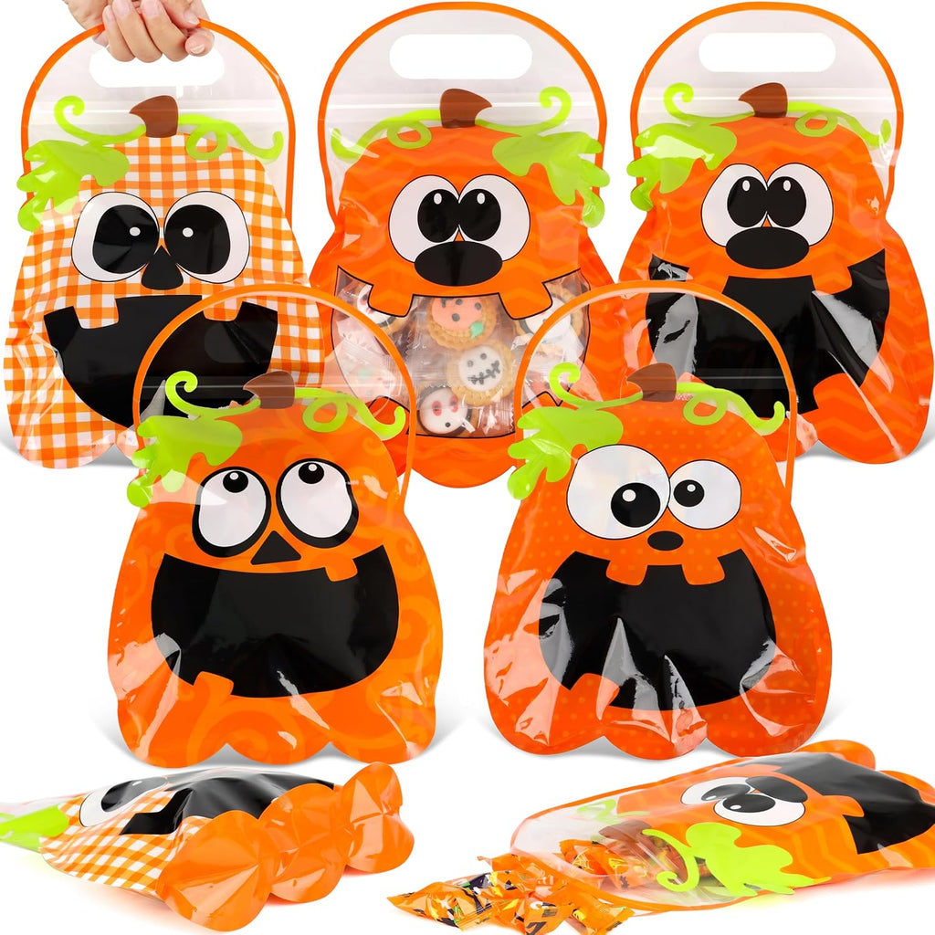 HOIIOH 60 Pack Halloween Pumpkin Treat Bags with Handles & Zipper