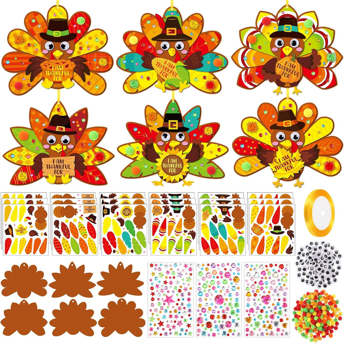 Funrous 48 Sets Thanksgiving Turkey Crafts Kit Fall DIY Hanging Ornaments