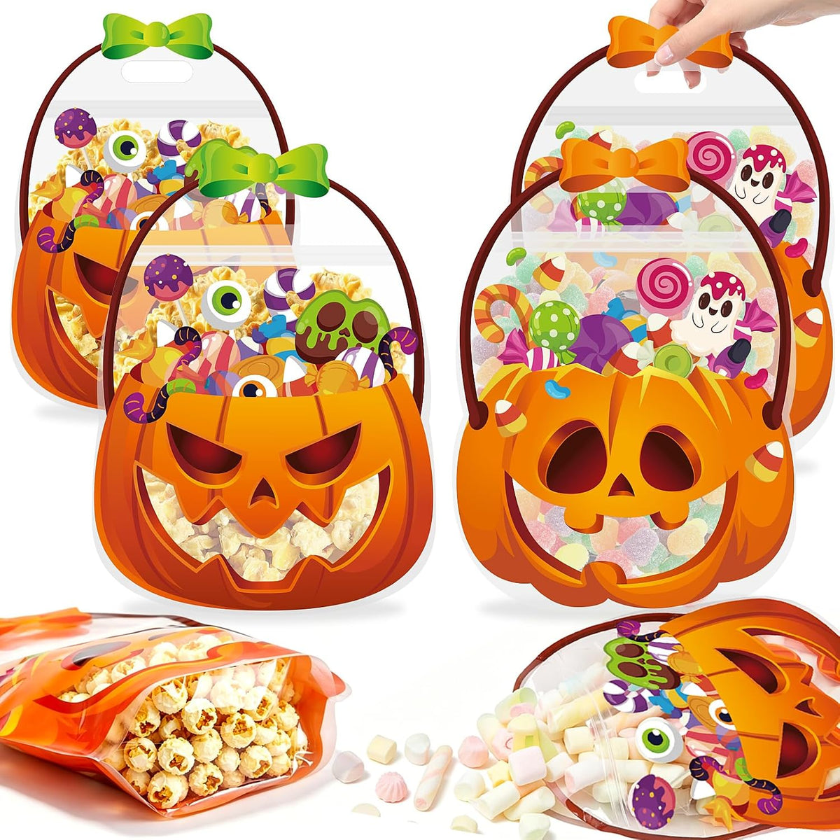 FOIMAS Halloween Treat Bags, 50pcs Pumpkin Cauldron Plastic Candy Bag Zipper Seal Bag Resealable Jack-O-Latern Goodie Bags with Handle for Trick or Treat Halloween Party Supply Decor Home Classroom