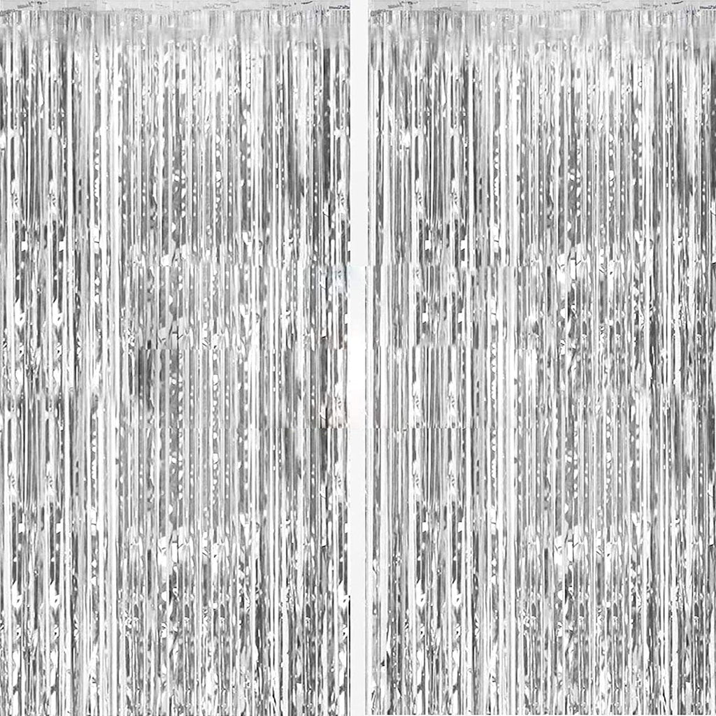 2 Pack Silver Foil Curtain Party Streamers Metallic Tinsel Foil Fringe Photo Booth Backdrop for Birthday Wedding Engagement Baby Shower Bachelorette Christmas Holiday Celebration Party Decorations