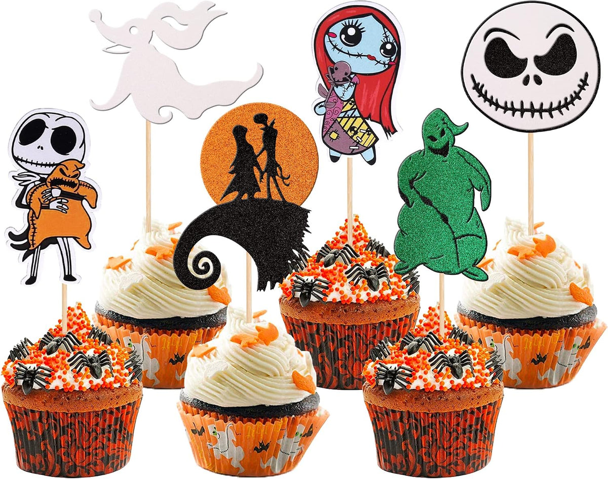24 PCS Jack Skellington Halloween Cupcake Toppers Glitter Skull Ghost Jack and Sally Cupcake Picks for Nightmare Theme Wedding Anniversary Birthday Party Cake Decorations Supplies