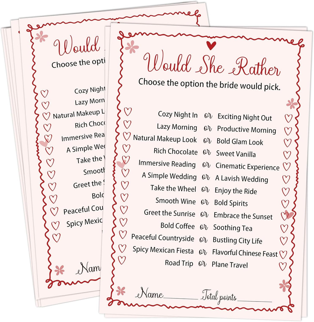Pink Would She Rather Bridal Shower Games Cards - 30 Fun Wedding Party Game Cards for Bridal Shower, Engagement, Bachelorette & Newlywed Party, Icebreaker Activity Supplies & Decorations