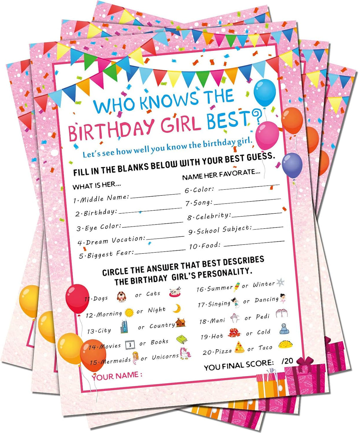 Skylety 50 Pcs Who Knows The Girl Best Birthday Game Card Set, Pink