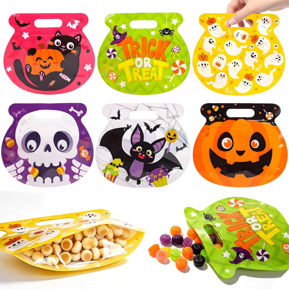 FOIMAS Halloween Treat Bags, 48pcs Plastic Candy Bags Zipper Seal Bags Resealable Pumpkin Bat Ghost Goodie Bags with Handles for Trick or Treat Halloween Party Supply Decor Home Classroom