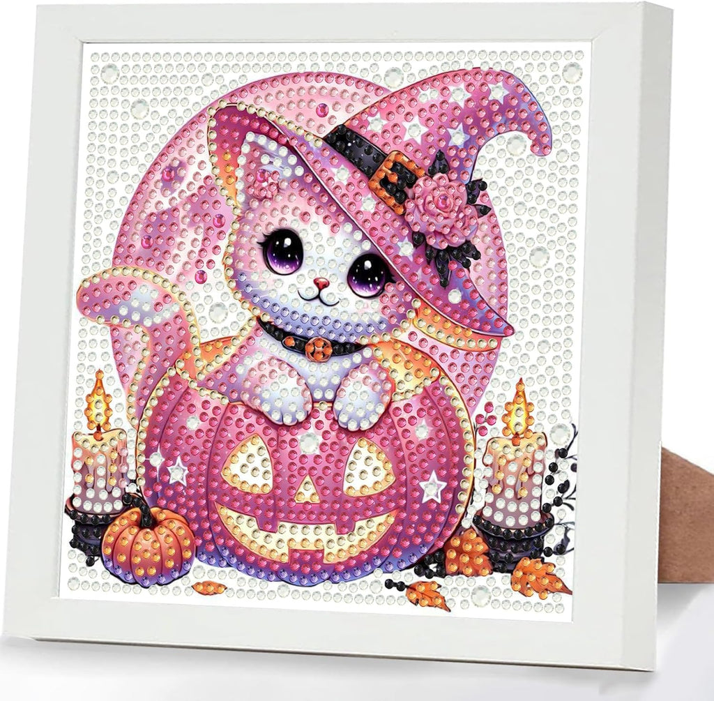Halloween Cat Diamond Art Painting Kits for Kids with Frame, Diamond Painting Kits for Kids Ages 4-8-12, Easy Gem Arts and Crafts Gift for Girls Boys Adult Beginners Home Wall Decor(7x7inch)