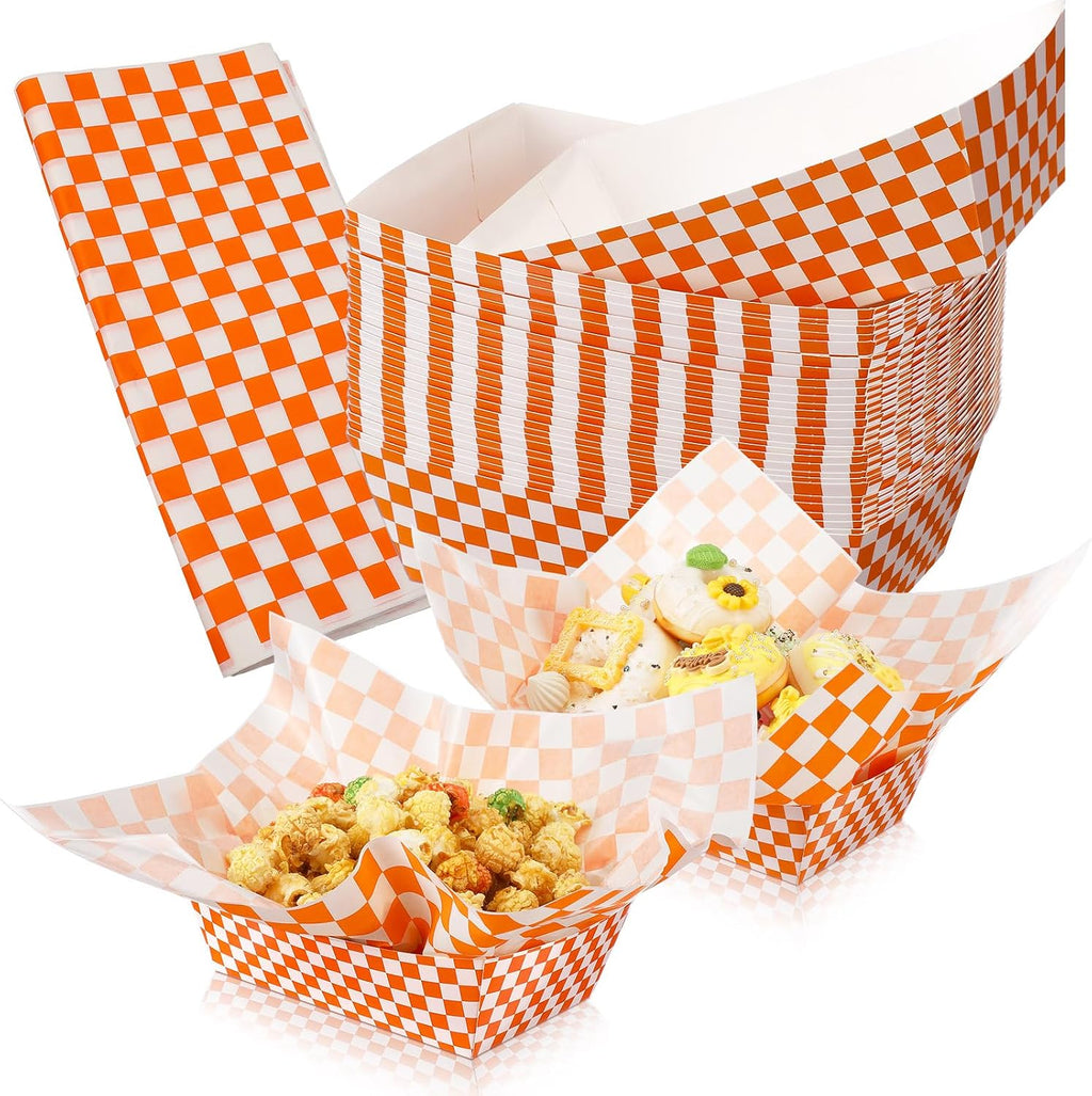 Geosar 100 Pcs Gingham Paper Food Tray with Wax Paper,Orange White
