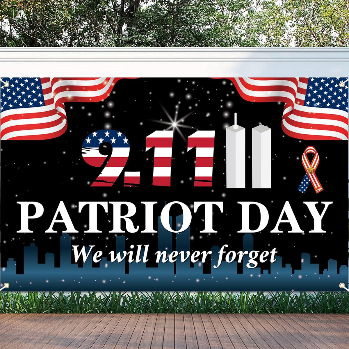 911 Never Forget Banner, Patriot Day Banner, 911 Patriot Day Flag, 911 Patriot Day Decorations, 911 Patriot Day We Will Never Forget Flag Wall Hanging Backdrop.