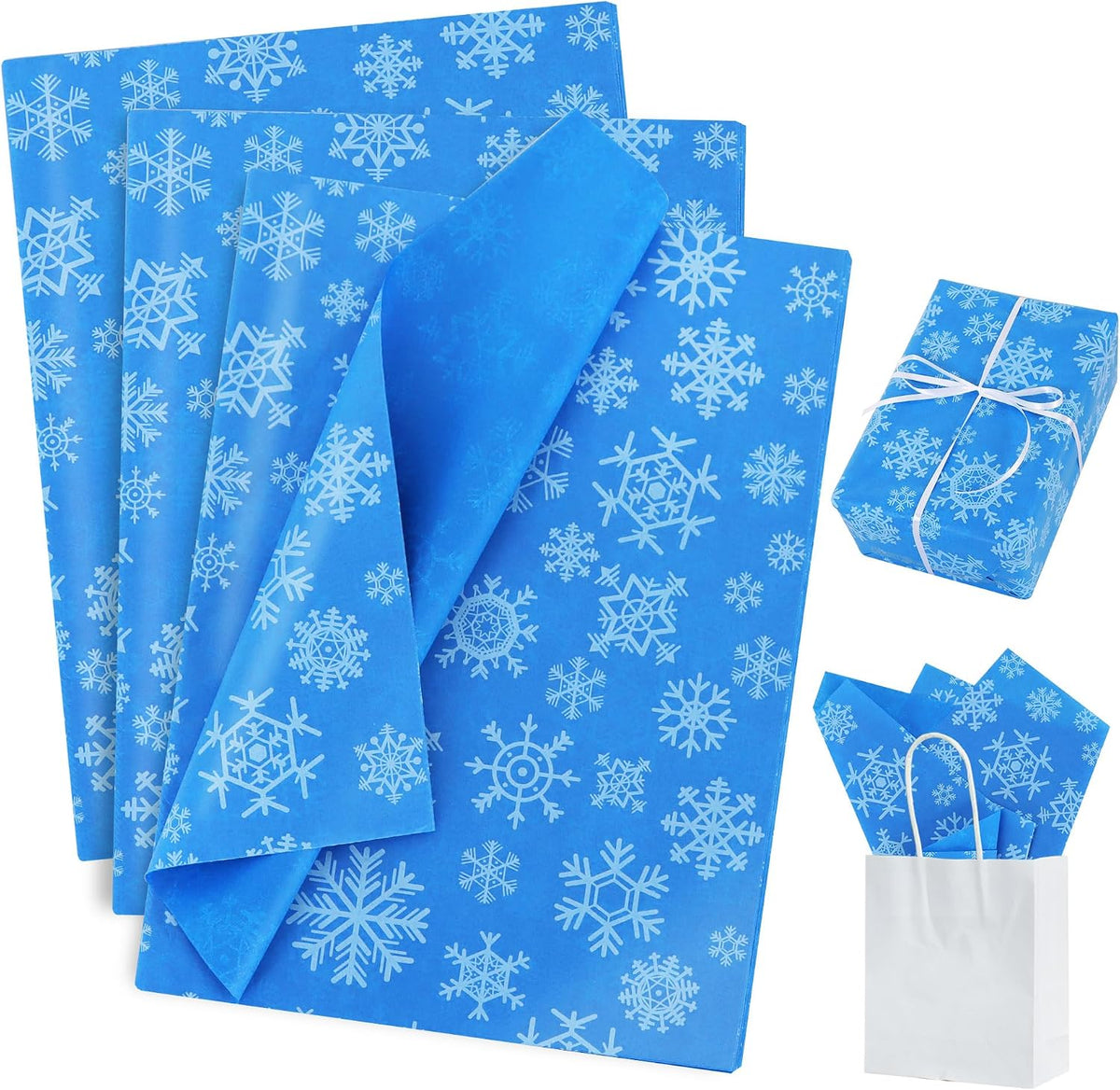 BEISHIDA Christmas Snowflake Tissue Paper Bulk，Royal Blue and White Wrapping Tissue Paper for Gift Bags, 14 x 20 Inch Gift Wrap for Winter Christmas Party DIY Crafts Decor Holiday Flowers-50 Sheets
