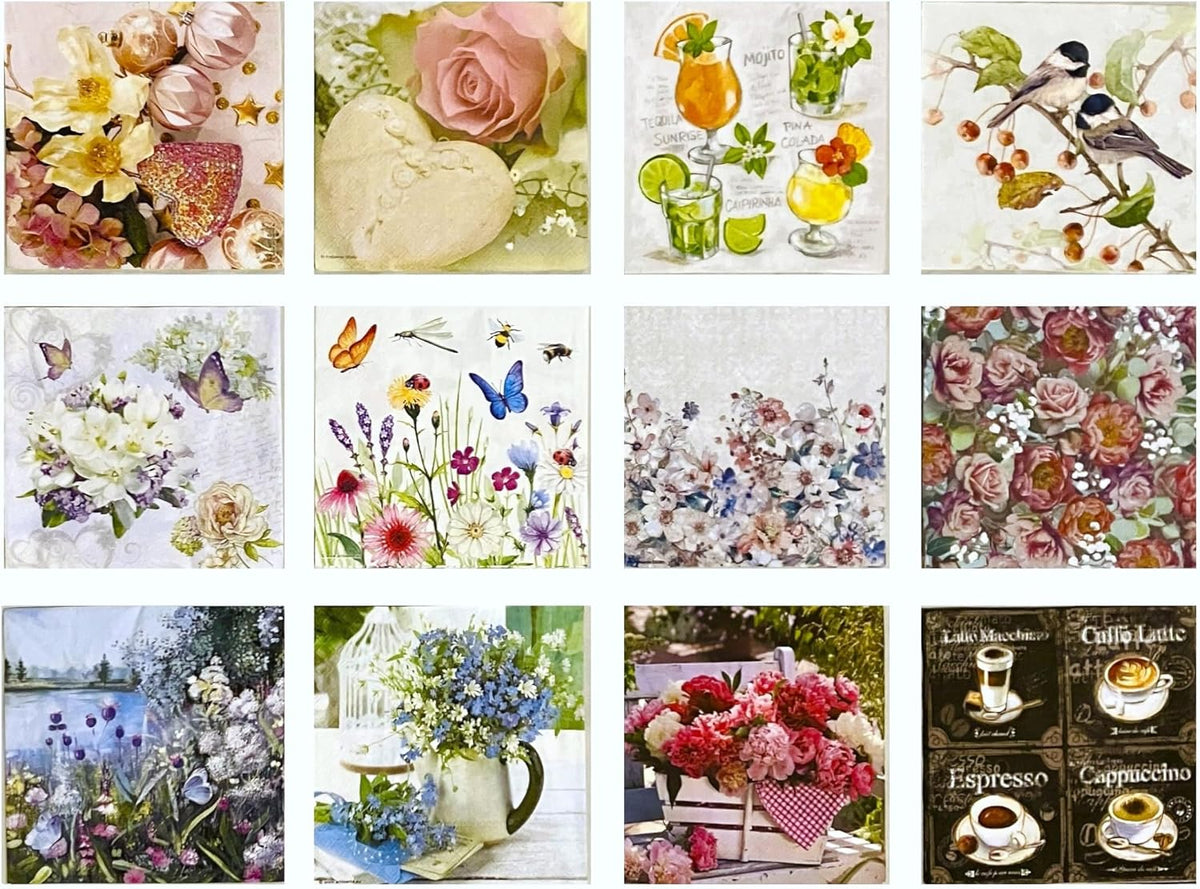 Assorted Floral Napkins for Decoupage - Pretty Paper Napkins - 12 Each - 6.5" x 13"