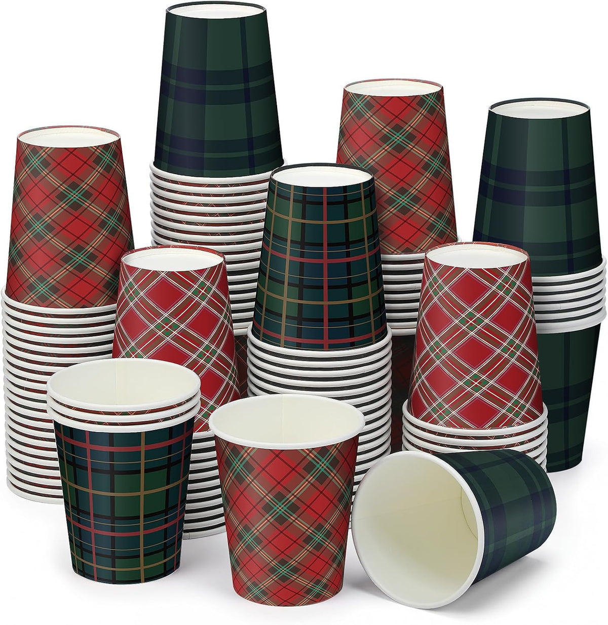 Funtery 100 Pcs Christmas Paper Cups 9oz Red Green Tartan Vintage Plaid Cup